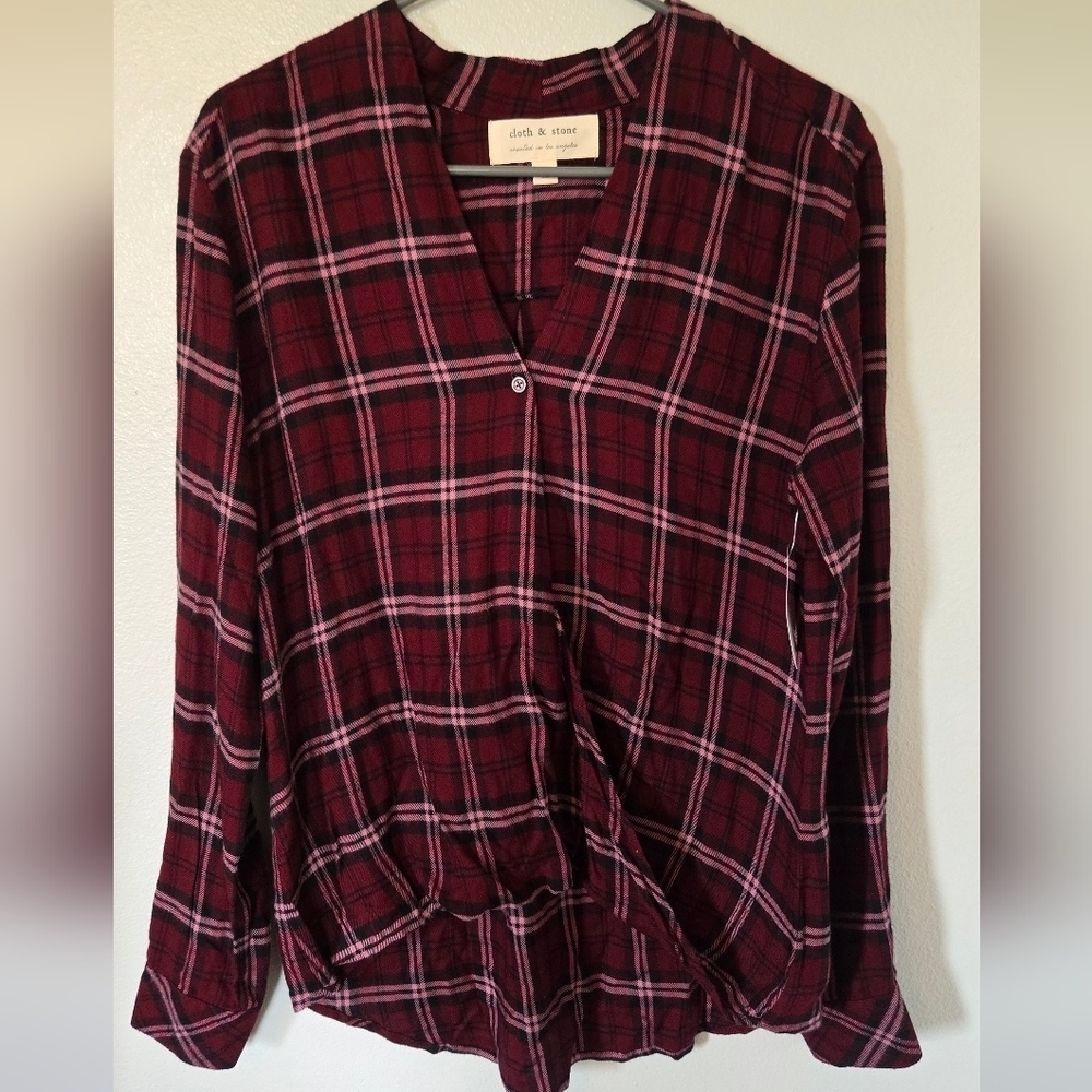 Cloth & Stone | Maroon Plaid Wrap Style Long Sleeve Top Size Medium NWT